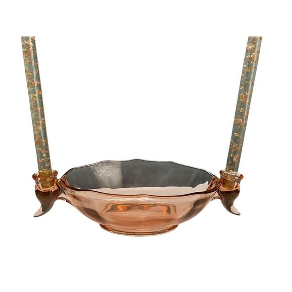 Fostoria Fairfax Pink Rose Depression Glass Vintage Oval Bowl w/ Candle Holder - Picture 6 of 13